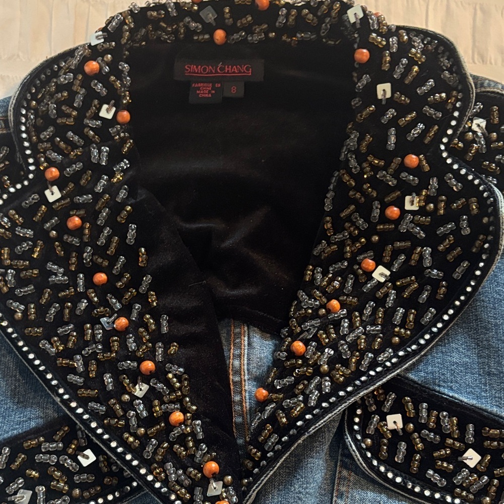 Vintage Stunning Simon Chang Medium Blue Denim Jacket with Beaded Embellishment - Picture 8 of 15